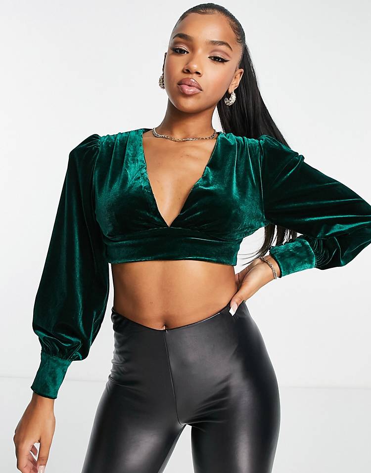 Collective the Label exclusive velvet crop top and mini skirt set in emerald